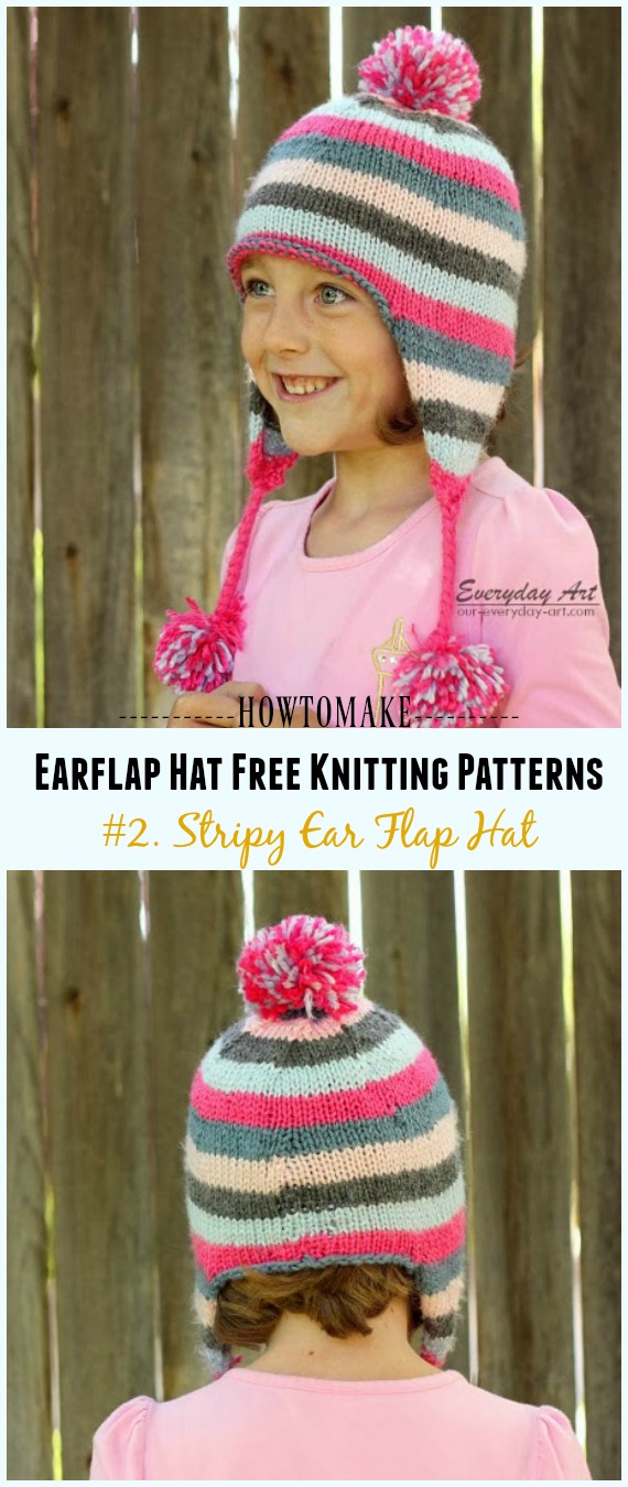 Children's Stripy Ear Flap Hat Free Knitting Pattern - Knit Earflap Hat Free Patterns
