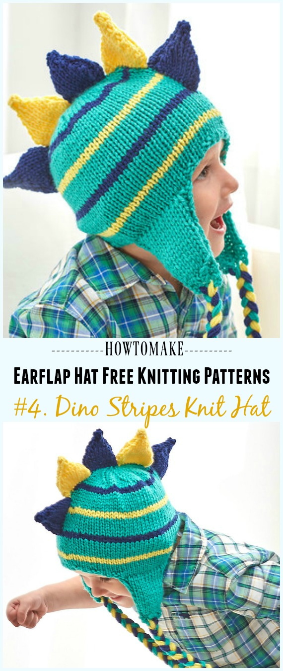 Dino Stripes Knit Hat Free Knitting Pattern - Knit Earflap Hat Free Patterns