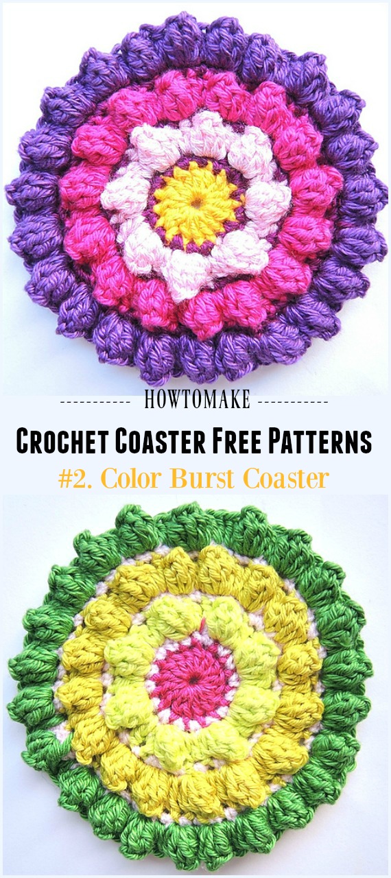 Crochet Color Burst Coaster Free Pattern - Easy #Crochet Coaster Free Patterns