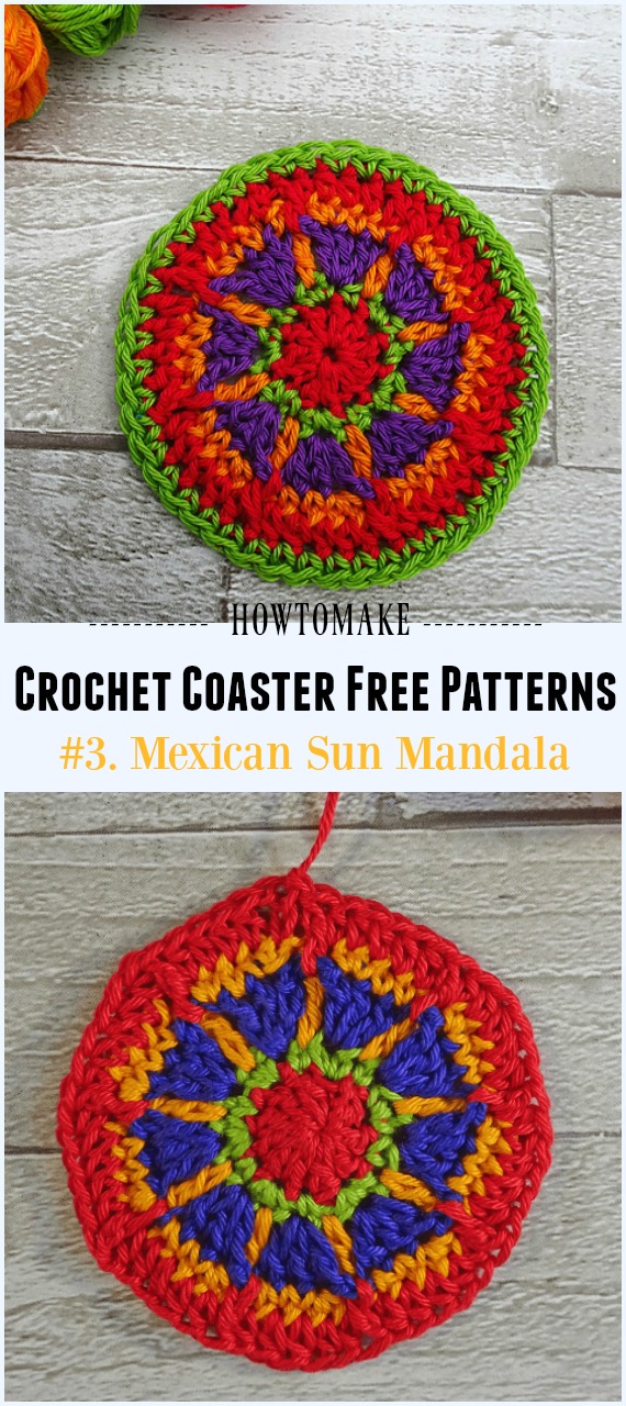 Crochet Mexican Sun Mandala Free Pattern - Easy #Crochet Coaster Free Patterns