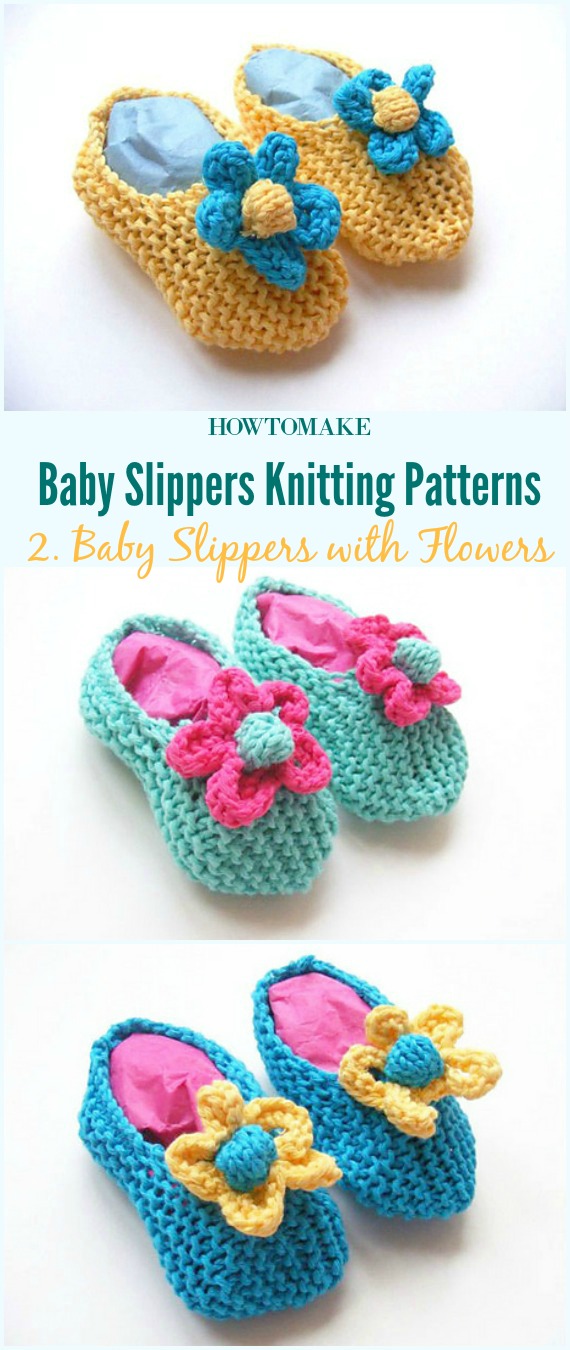 Baby Slippers with Flowers Free Knitting Pattern-Baby #Booties Slippers Free #Knitting Patterns
