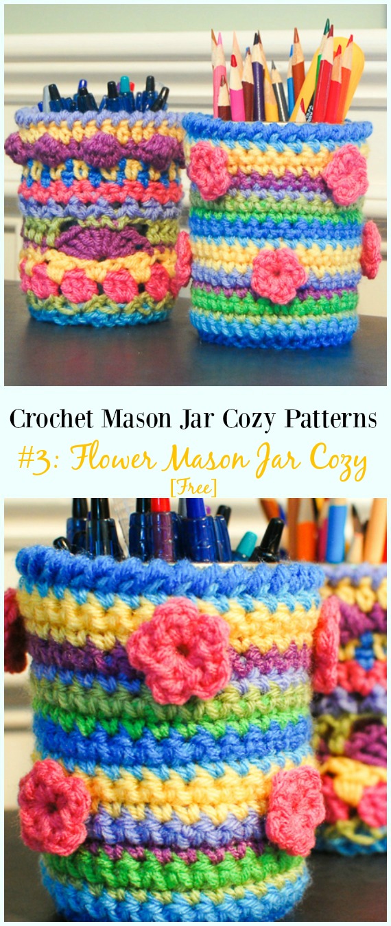Crochet Flower Mason Jar Cozy Free Pattern- #Crochet #MasonJar Cozy Free Patterns