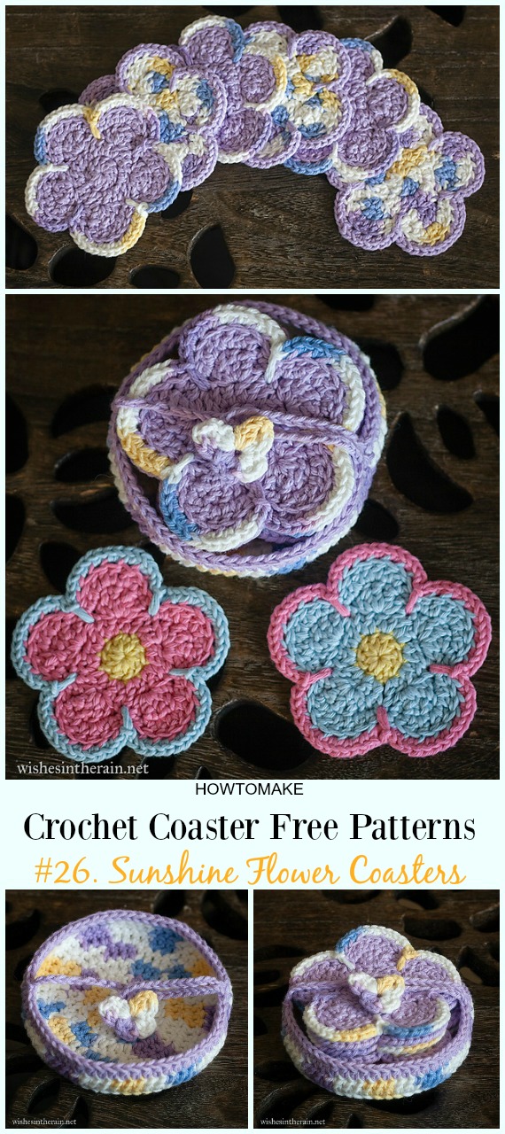 Sunshine Flower Coasters and Holder  Free Crochet Pattern - Easy #Crochet Coaster Free Patterns