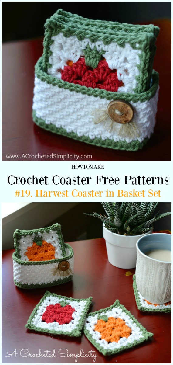 Harvest Coaster in Basket Set Free Crochet Pattern - Easy #Crochet Coaster Free Patterns
