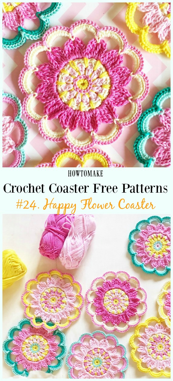 Happy Flower Coaster Free Crochet Pattern - Easy #Crochet Coaster Free Patterns