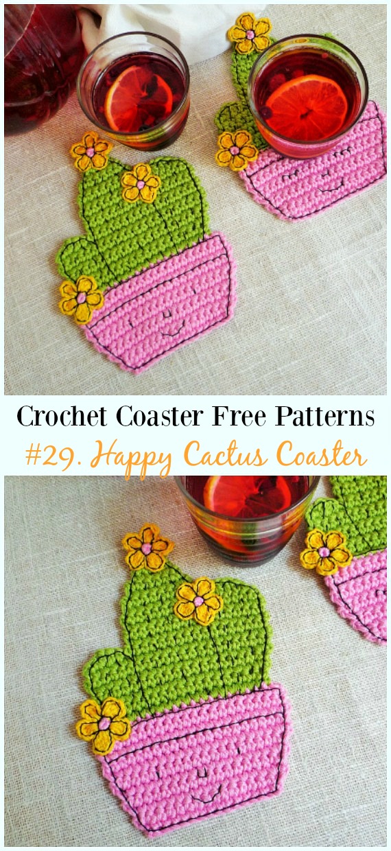 Happy Cactus Coaster Free Crochet Pattern - Easy #Crochet Coaster Free Patterns