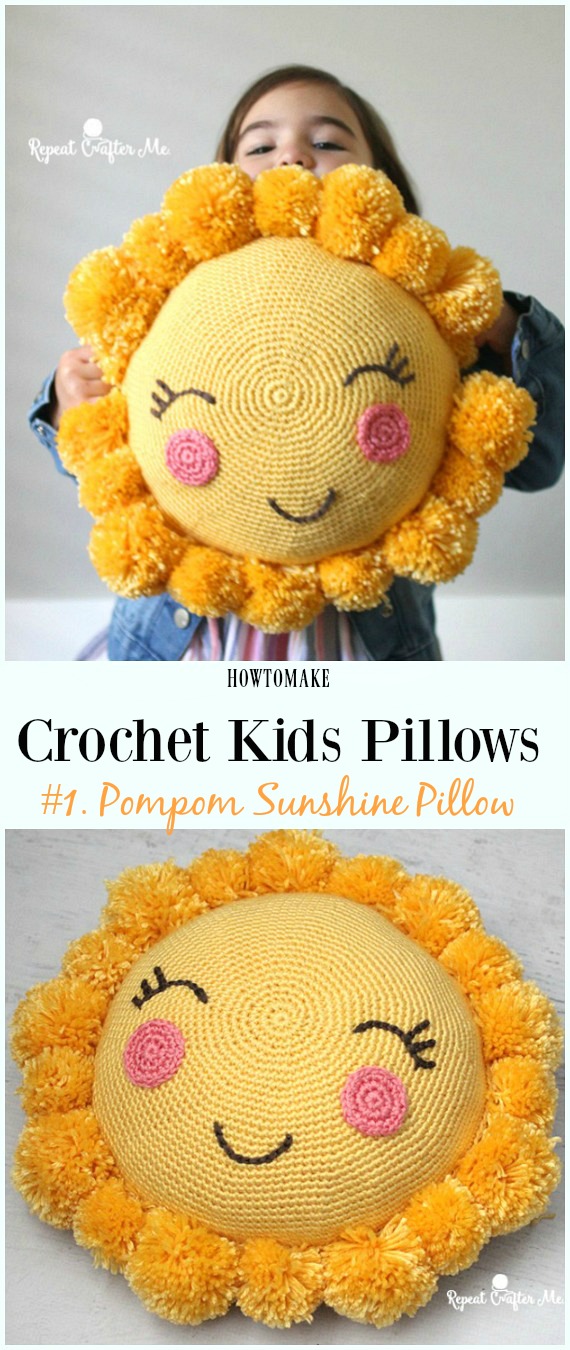 Crochet Pompom Sunshine Pillow Free Pattern -Fun #Crochet Kids #Pillows Free Patterns