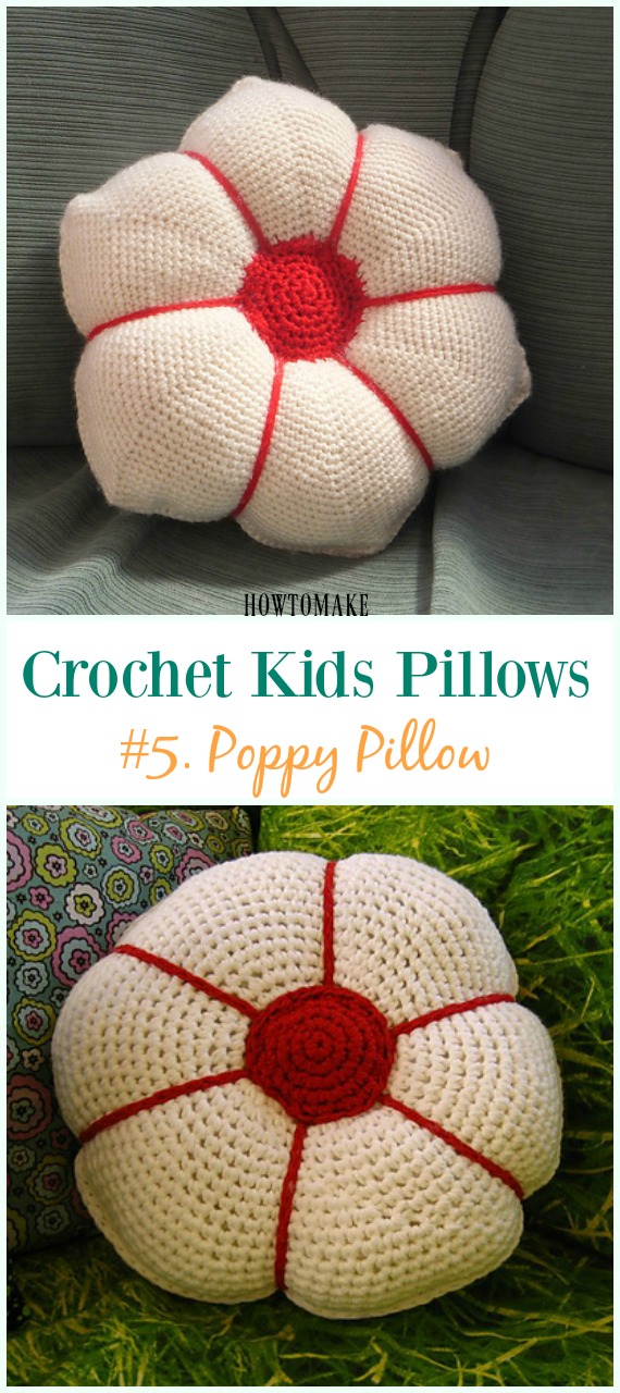 Crochet Poppy Flower Pillow Free Pattern -Fun #Crochet Kids #Pillows Free Patterns