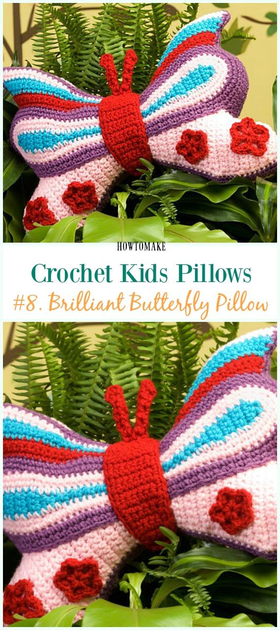 Crochet Brilliant Butterfly Pillow Free Pattern -Fun #Crochet Kids #Pillows Free Patterns