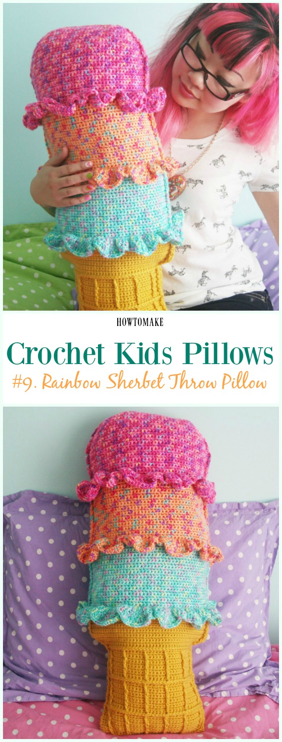 Crochet Rainbow Sherbet Throw Pillow Free Pattern -Fun #Crochet Kids #Pillows Free Patterns