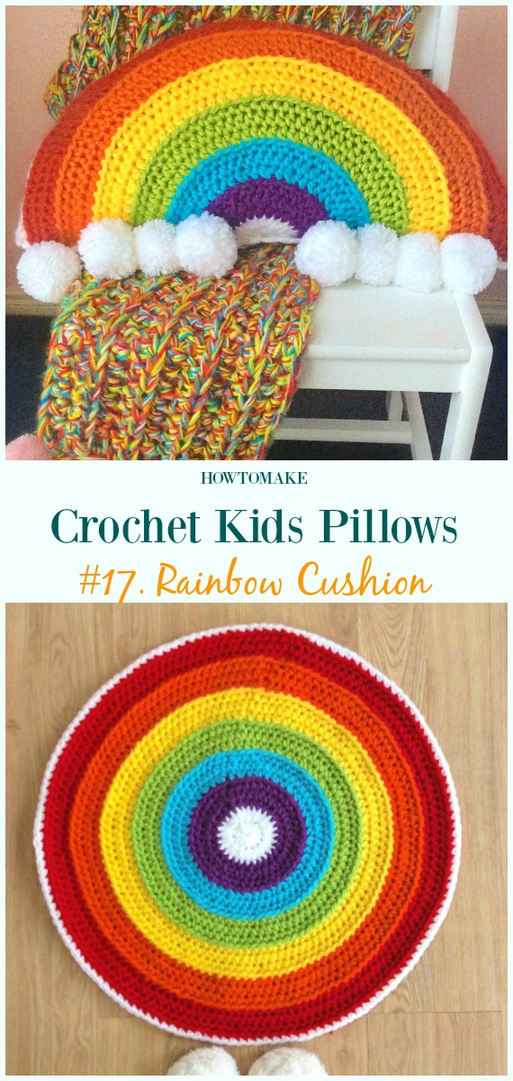 Crochet Rainbow Cushion Free Pattern -Fun #Crochet Kids #Pillows Free Patterns