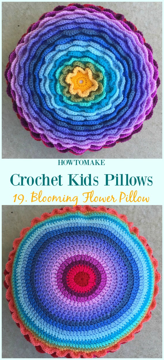 Crochet Blooming Flower Pillow Free Pattern -Fun #Crochet Kids #Pillows Free Patterns