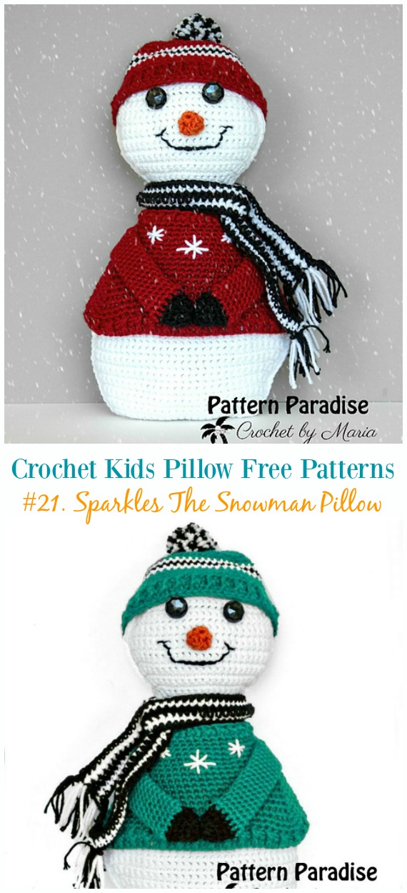 Crochet Sparkles The Snowman Pillow Free Pattern -Fun #Crochet Kids #Pillows Free Patterns