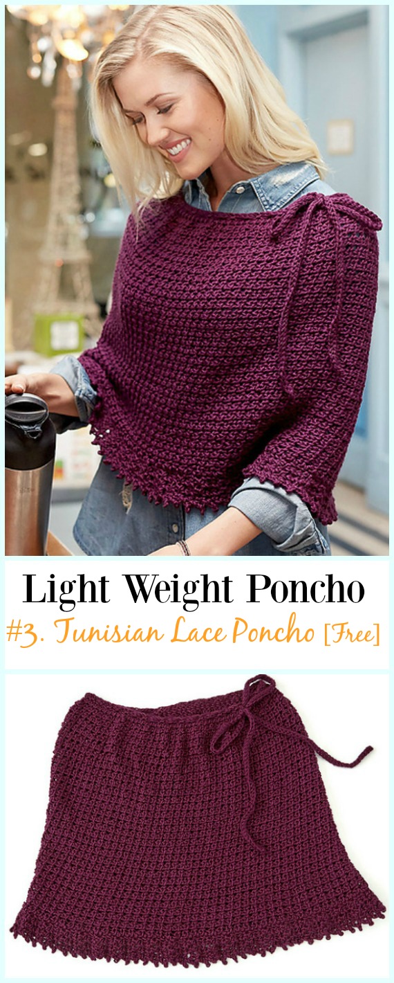 Crochet Tunisian Lace Poncho Free Pattern-Light Weight Spring Summer #Poncho; Free #Crochet; Patterns