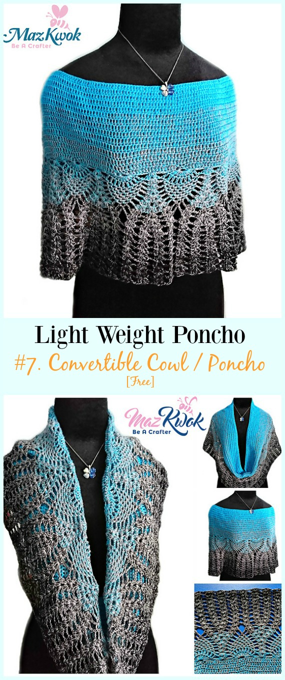Crochet Convertible Cowl / Poncho Free Pattern-Light Weight Spring Summer #Poncho; Free #Crochet; Patterns