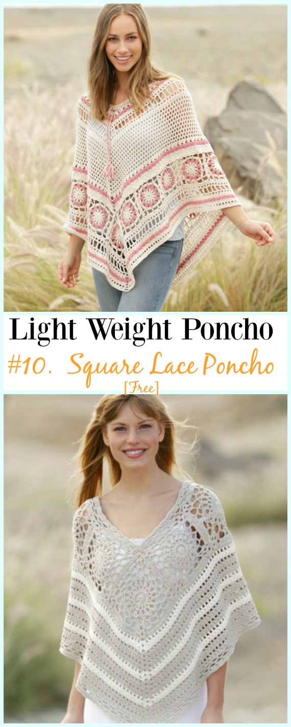 Crochet Square Lace Poncho Free Pattern-Light Weight Spring Summer #Poncho; Free #Crochet; Patterns