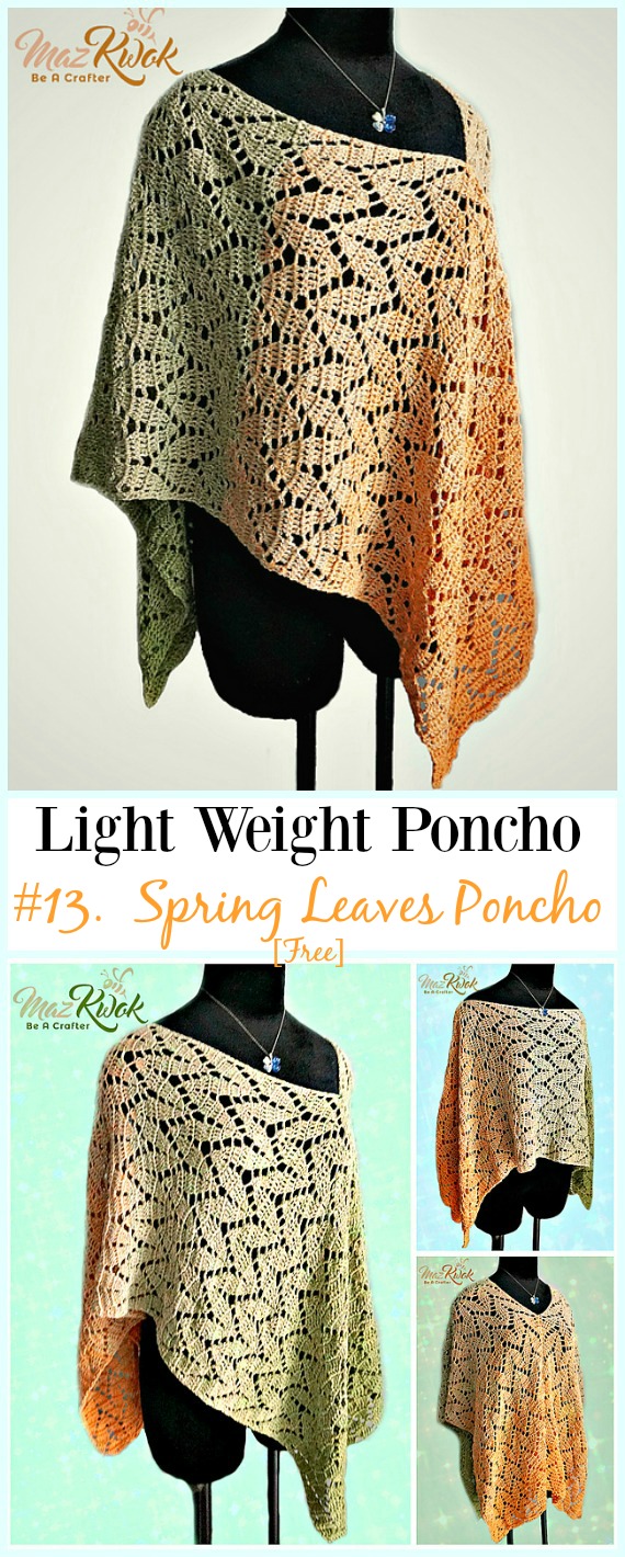 Crochet Spring Leaves Poncho Free Pattern-Light Weight Spring Summer #Poncho; Free #Crochet; Patterns