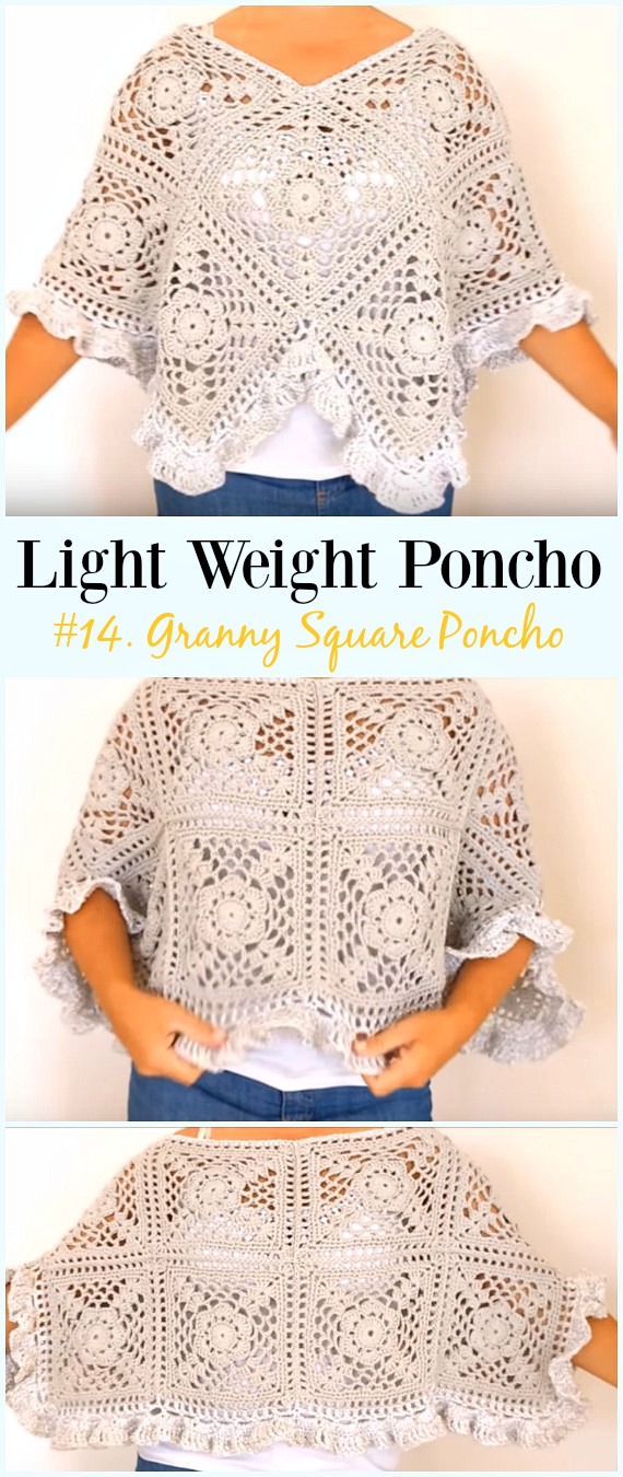 Crochet Ruffled Granny Square Poncho Free Pattern Video -Light Weight Spring Summer #Poncho; Free #Crochet; Patterns