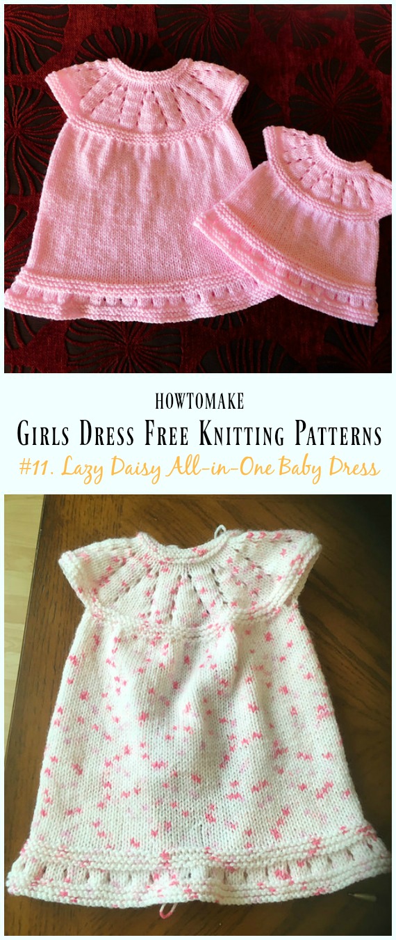 Lazy Daisy All-in-One Baby Dress Free Knitting Pattern - Little Girls #Dress Free #Knitting Patterns