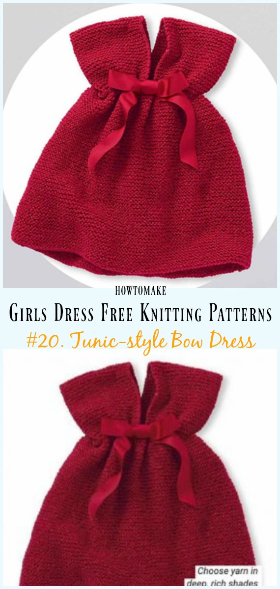 Baby Tunic-style Bow Dress Free Knitting Pattern - Little Girls #Dress Free #Knitting Patterns