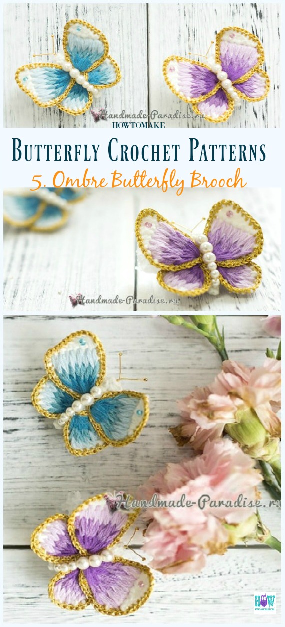 Ombre Butterfly Brooch Free Crochet Pattern - Free #Butterfly; #Crochet; Patterns