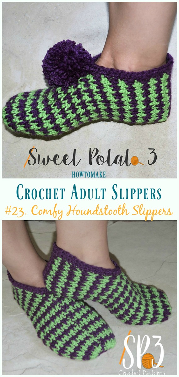 Comfy Houndstooth Slippers Crochet Free Pattern - #Crochet; Adult #Slippers; Free Patterns