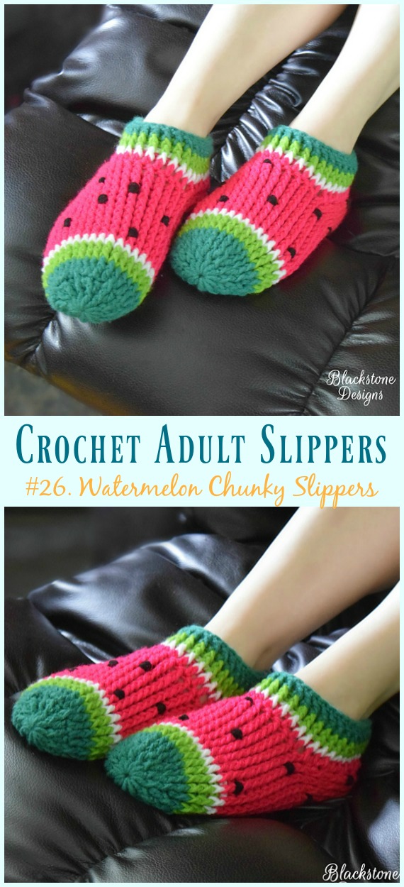 Crochet Watermelon Chunky Slippers for Adults Free Pattern - #Crochet; Adult #Slippers; Free Patterns