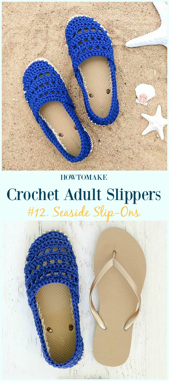 Seaside Slip-Ons with Flip Flop Soles Crochet Free Pattern - #Crochet; Adult #Slippers; Free Patterns