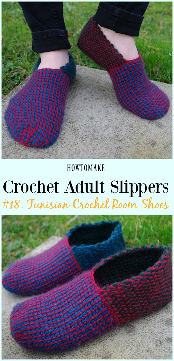 Tunisian Crochet Room Shoes Free Pattern - #Crochet; Adult #Slippers; Free Patterns