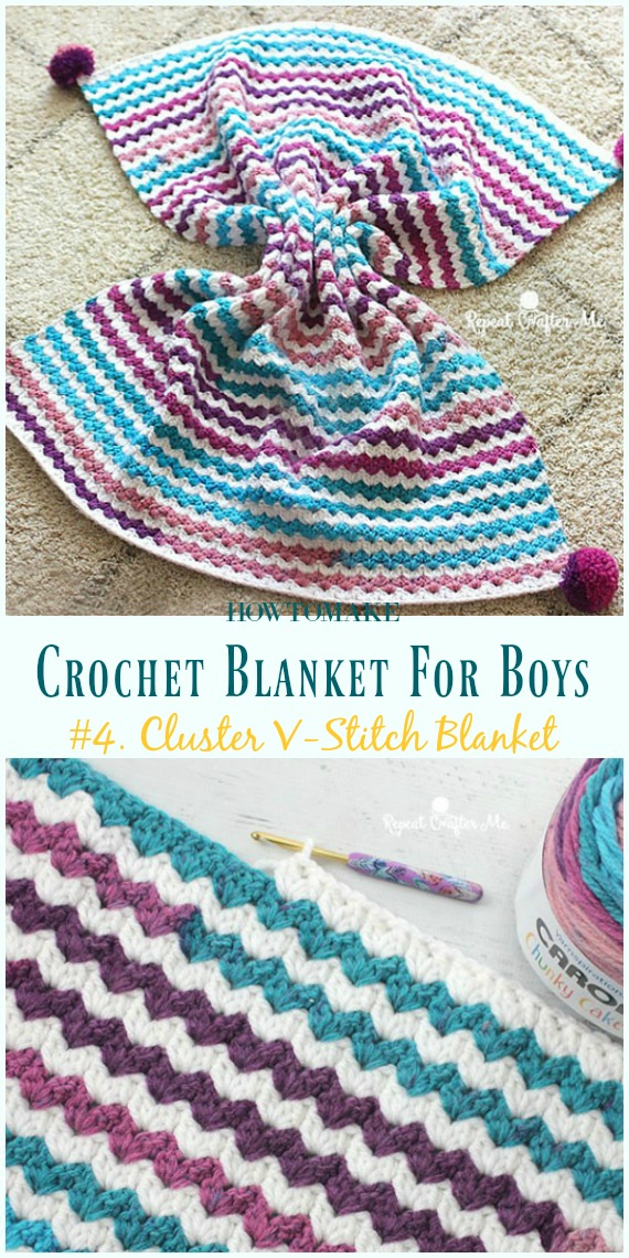 Cluster V-Stitch Blanket Free Crochet Pattern- #Crochet; #Blanket; Free Patterns For Boys