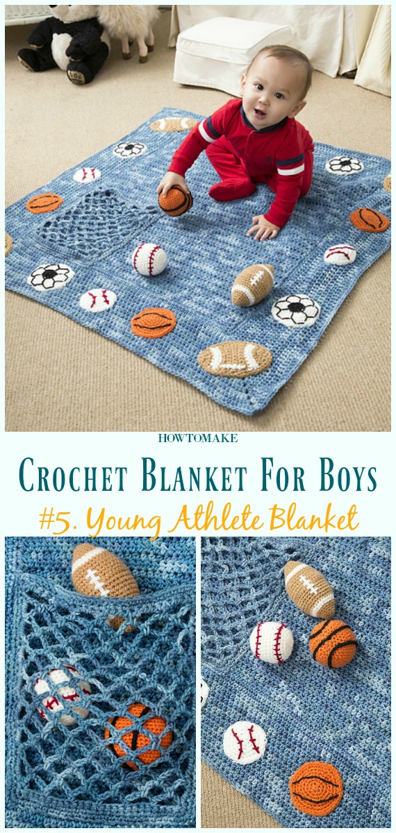 Young Athlete Blanket and Rattles Free Crochet Pattern- #Crochet; #Blanket; Free Patterns For Boys