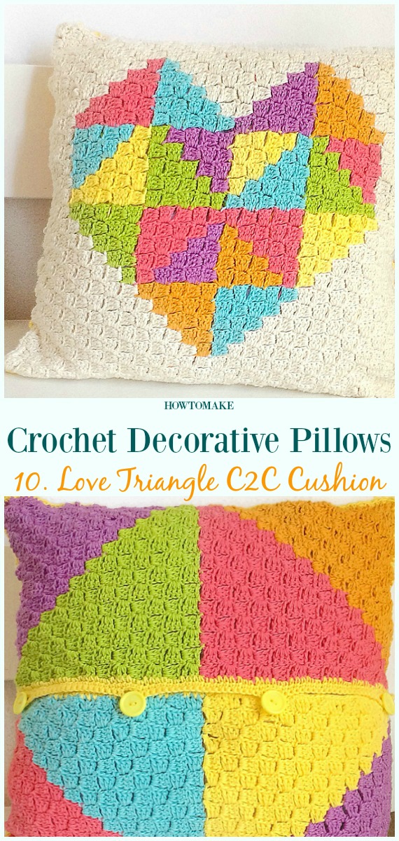Love Triangle C2C Cushion Crochet Free Pattern - #Crochet; Decorative #Pillow; Free Patterns