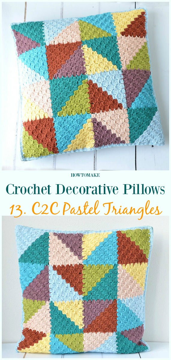 C2C Pastel Triangles Pillow Crochet Free Pattern - #Crochet; Decorative #Pillow; Free Patterns