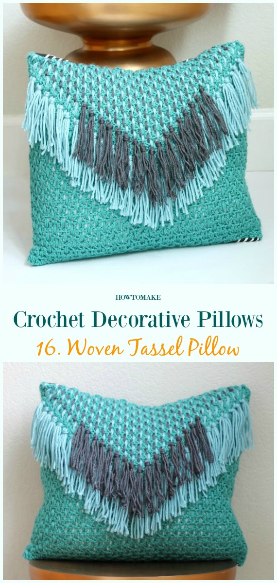 Woven Tassel Pillow Crochet Free Pattern - #Crochet; Decorative #Pillow; Free Patterns