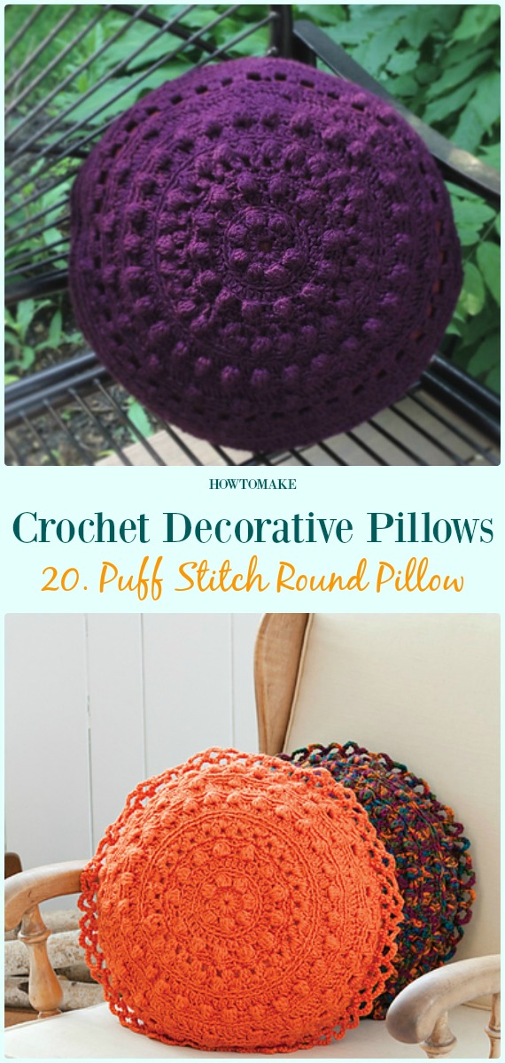 Puff Stitch Round Pillows Crochet Free Pattern - #Crochet; Decorative #Pillow; Free Patterns