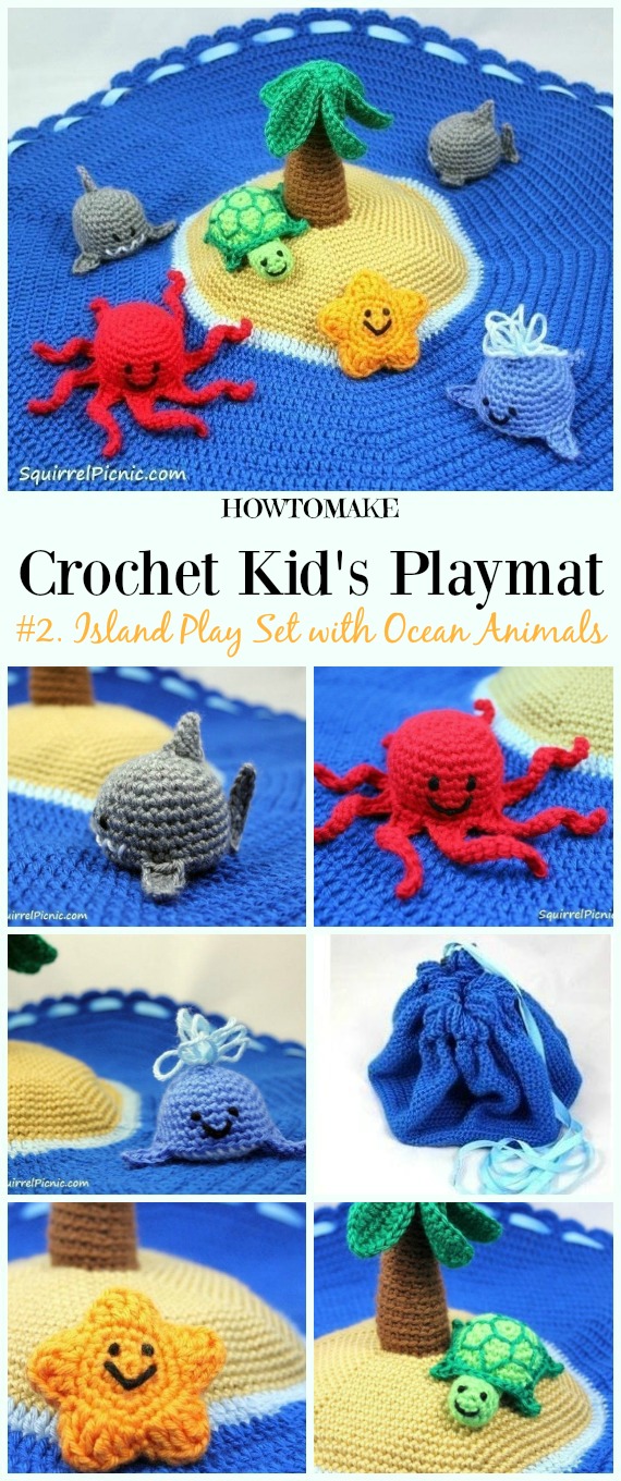 Crochet Island Play Set with Ocean Animals Free Crochet Pattern - #Crochet Kids #Playmat Free Patterns Kids Gifts