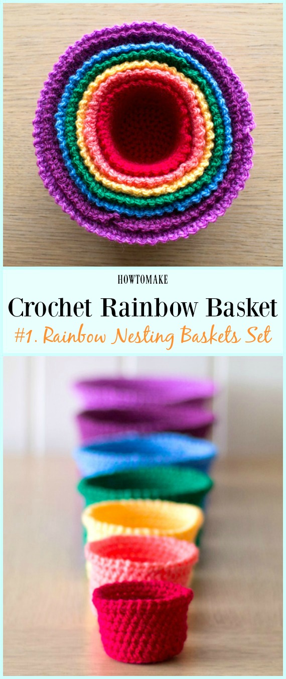 Rainbow Nesting Baskets Set Free Crochet Pattern - #Crochet Rainbow #Basket Free Patterns