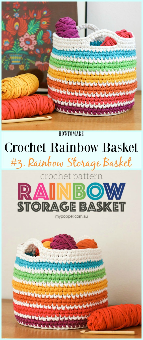 T-shirt Yarn Rainbow Basket Free Crochet Pattern - #Crochet Rainbow #Basket Free Patterns