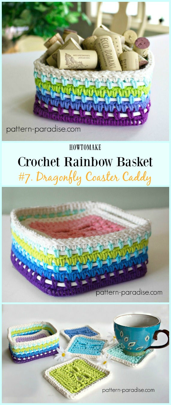 Dragonfly Coaster Caddy Free Crochet Pattern - #Crochet Rainbow #Basket Free Patterns