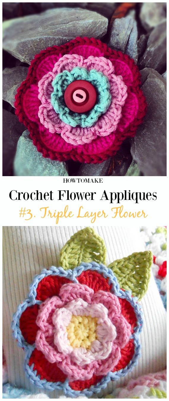 Triple Layer Flower Free Crochet Pattern-Easy #Crochet #Flower Appliques Free Patterns