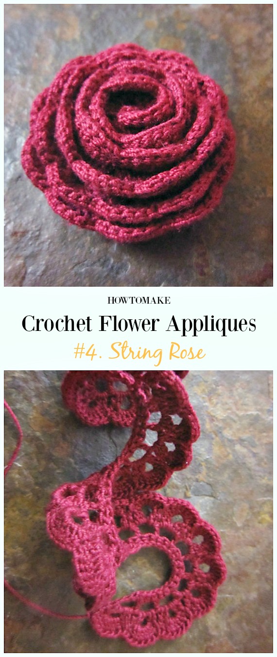 Strip Rose Flower Free Crochet Pattern-Easy #Crochet #Flower Appliques Free Patterns