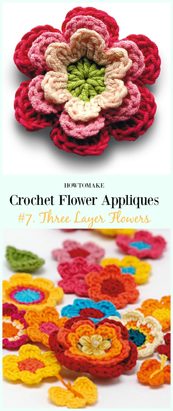 Three Layer Flowers Free Crochet Pattern-Easy #Crochet #Flower Appliques Free Patterns
