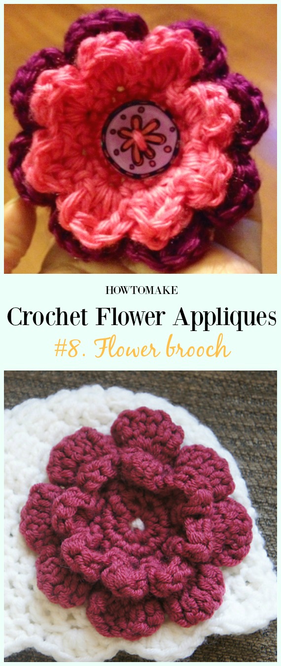 Flower brooch Free Crochet Pattern-Easy #Crochet #Flower Appliques Free Patterns