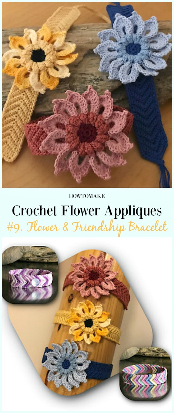 Flower & Friendship Bracelet Free Crochet Pattern-Easy #Crochet #Flower Appliques Free Patterns