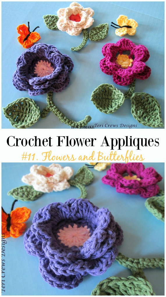Flowers and Butterflies Free Crochet Pattern-Easy #Crochet #Flower Appliques Free Patterns
