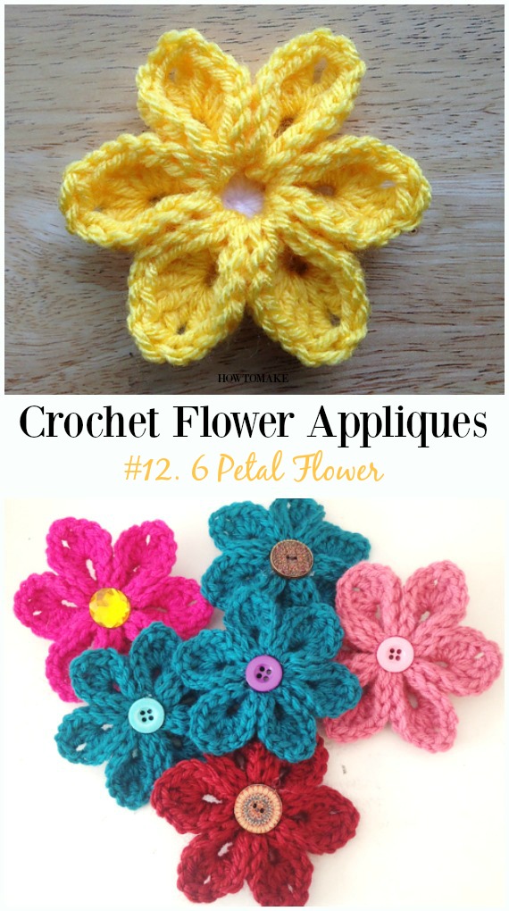 6 Petal Flower Free Crochet Pattern-Easy #Crochet #Flower Appliques Free Patterns