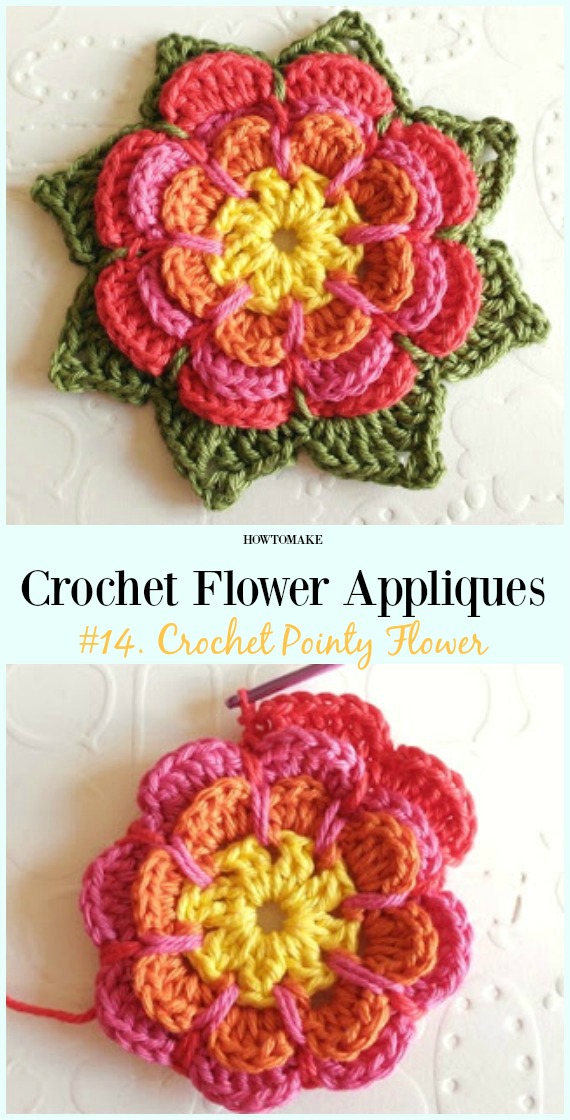 Pointy Flower Free Crochet Pattern-Easy #Crochet #Flower Appliques Free Patterns