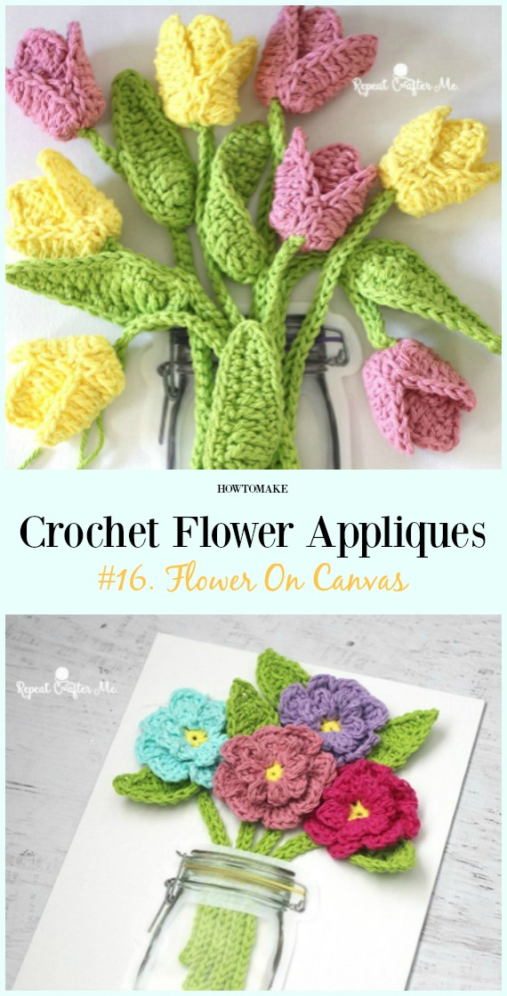 Flower On Canvas Free Crochet Pattern-Easy #Crochet #Flower Appliques Free Patterns