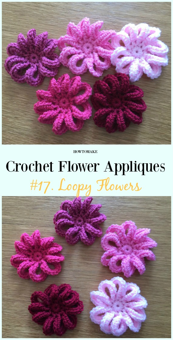 Loopy Flowers Free Crochet Pattern-Easy #Crochet #Flower Appliques Free Patterns