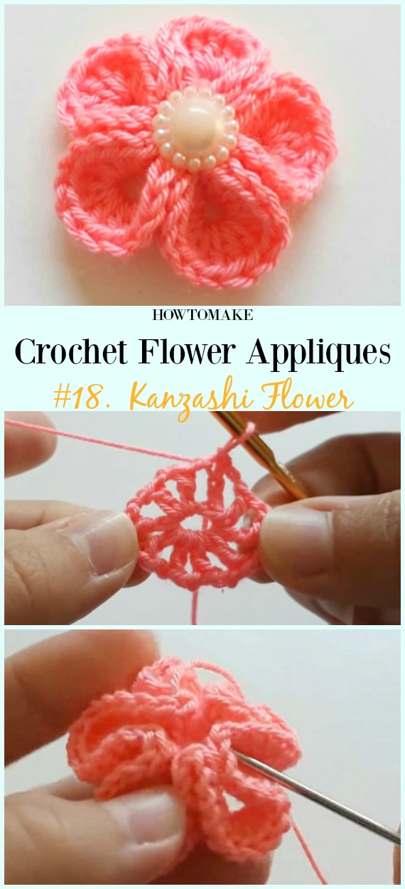 Kanzashi Flower Free Crochet Pattern&Video -Easy #Crochet #Flower Appliques Free Patterns